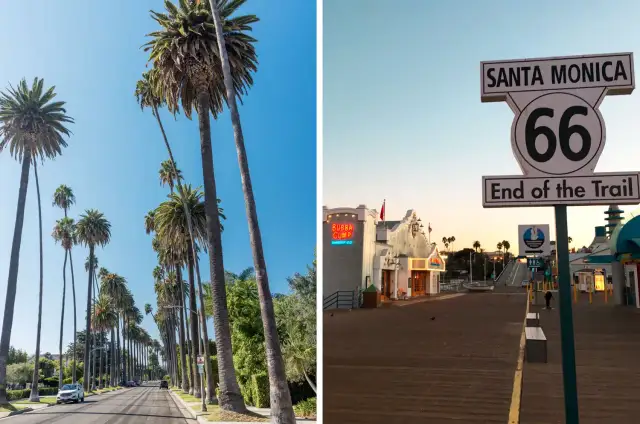 Aleja palmowa i znak "Santa Monica 66 End of the Trail" na molo.