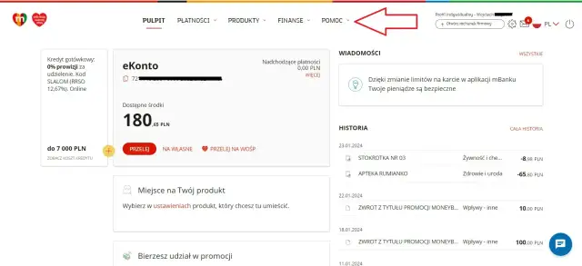 Strona główna mBanku. Kliknij "Pomoc", aby dowiedzieć się, jak sprawdzić identyfikator mbank.