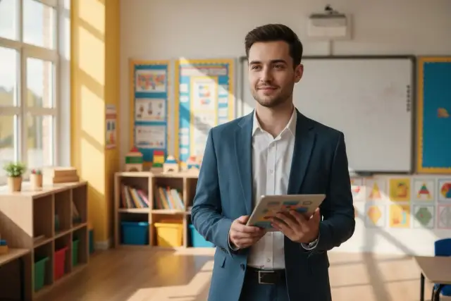 Mężczyzna w garniturze trzyma tablet w klasie.