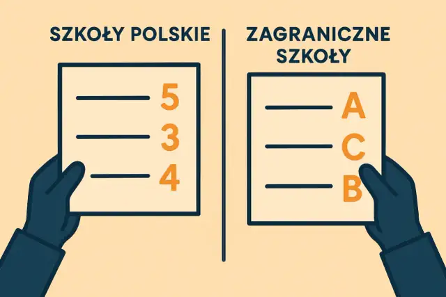 Dwie ręce trzymają kartki z ocenami: polskie (5, 3, 4) i zagraniczne (A, C, B).