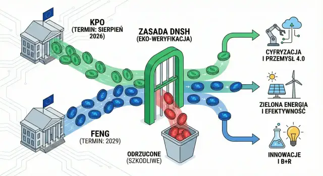 Schemat pokazuje, jak dostać dofinansowanie na firmę: środki z KPO i FENG przechodzą przez zasadę DNSH, a te zgodne z nią trafiają na cyfryzację, zieloną energię lub innowacje.