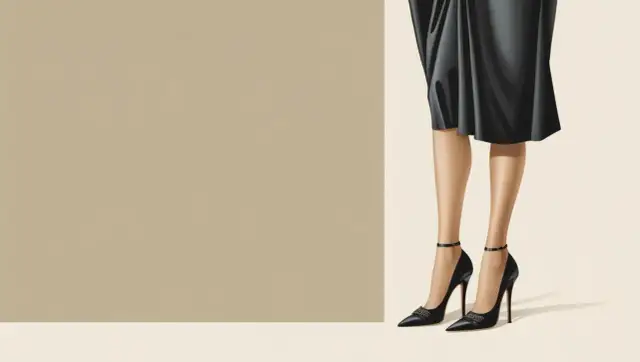 Nogi w czarnych szpilkach z ozdobami i czarną sukienką.