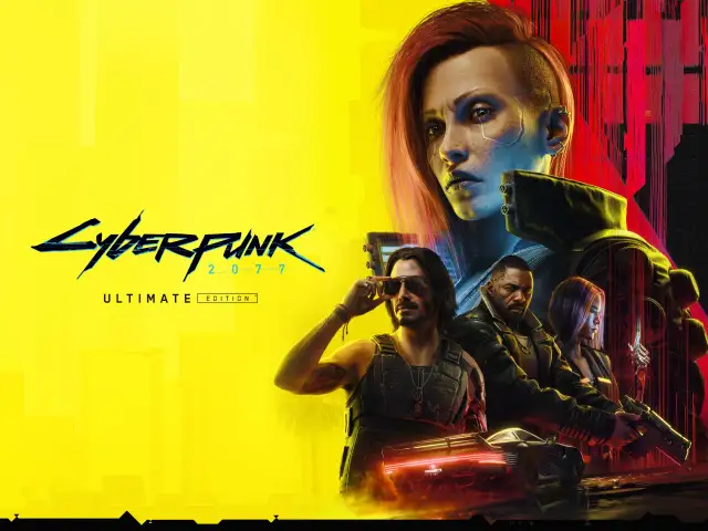Postacie z gry Cyberpunk 2077: V, Johnny Silverhand, Idris Elba i inni, na tle żółto-czerwonej grafiki.