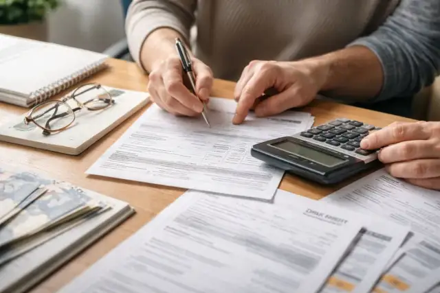 Osoba liczy dochód do dofinansowania z PFRON, używając kalkulatora i dokumentów.