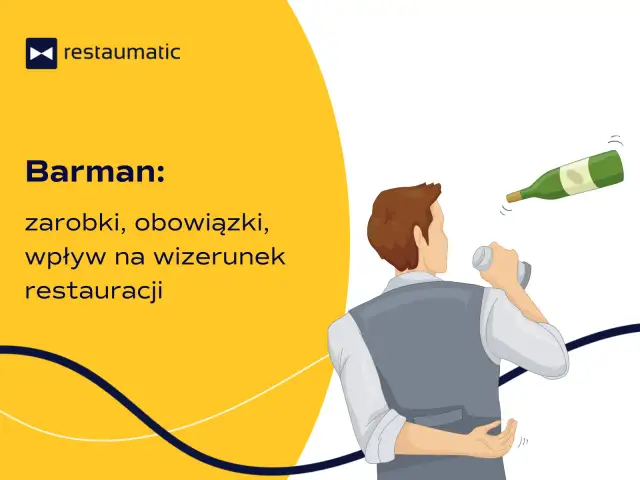 Ilustracja barmana przygotowującego drinki z butelką w tle.