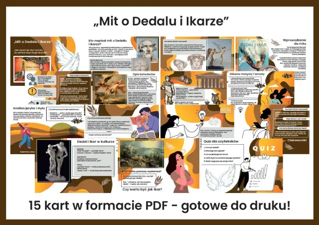 Grafika przedstawia materiał edukacyjny "Mit o Dedalu i Ikare", zawierający tekst, ilustracje i quiz.