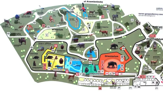 Mapa zoo z zaznaczonym Orientarium, gdzie można zobaczyć słonie. Obok znajdują się wybiegi dla lemurów, makaków i wyderek.