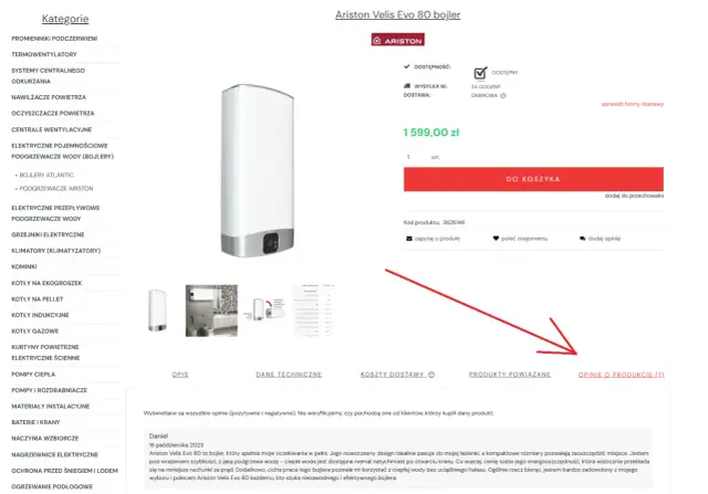 Bojler poziomy 80l Ariston Velis Evo 80, nowoczesny design, energooszczędny, cicha praca.