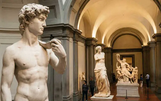 Rzeźby w muzeum: Dawid, Wenus z Milo i inne arcydzieła.