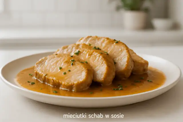 Soczyste plastry schabu w aromatycznym sosie, posypane szczypiorkiem. Idealne, gdy zastanawiasz się, jak długo dusić schab, by był miękki.