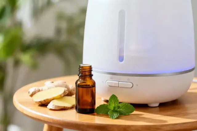 Biały nawilżacz powietrza z niebieskim podświetleniem, obok buteleczka olejku, imbir i listki mięty. Odpowiedź na pytanie: czy do nawilżacza powietrza można wlać olejek?