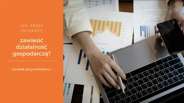 Jak przez internet zawiesić działalność gospodarczą? Poradnik dla przedsiębiorcy, z laptopem i telefonem w tle.