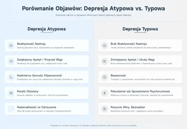 Porównanie objawów depresji: atypowa (reaktywny nastrój, zwiększony apetyt) vs. typowa (brak reaktywności, obniżony nastrój).
