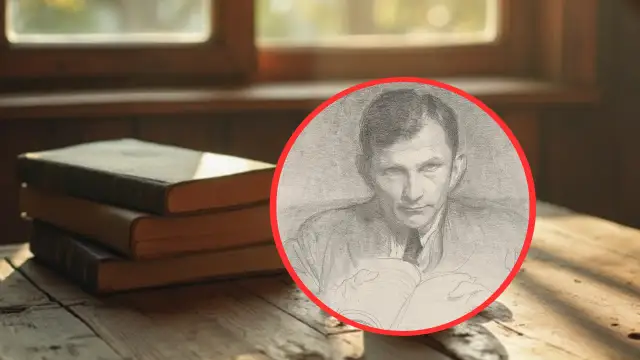 Ołówek portret mężczyzny czytającego książkę, obok stosu starych ksiąg na drewnianym stole.