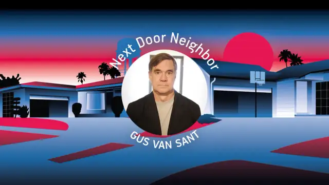Gus Van Sant, "Next Door Neighbor". W jego oczach widać niepokój ostatnich dni. Stylizowana grafika z palmami i domami.
