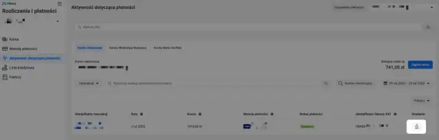 Widok panelu Meta, gdzie można zobaczyć aktywność płatności i jak pobrać fakturę z Facebooka.