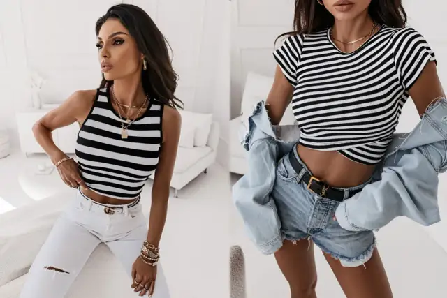 Krótki, prążkowany top to idealna bluzka do spodni boyfriend. Zobacz, jak świetnie wygląda z białymi jeansami i szortami!