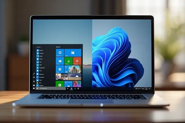 Laptop z podzielonym ekranem: po lewej menu Start Windows 10, po prawej tapeta Windows 11. Jak podzielić ekran na 2?