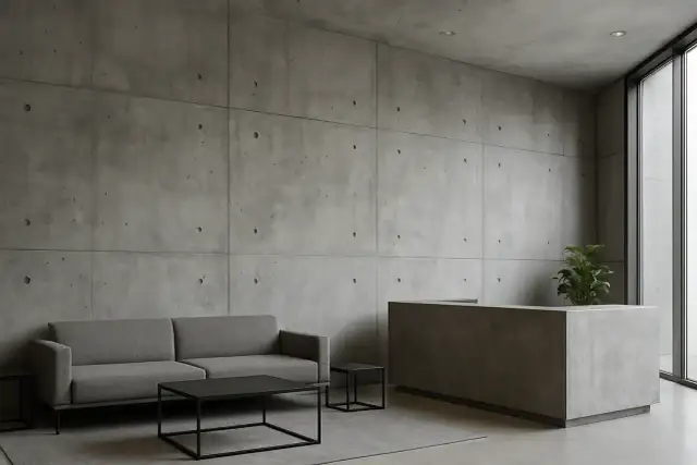 Nowoczesne wnętrze z betonem dekoracyjnym na ścianie. Sofa, stolik i recepcja tworzą minimalistyczną przestrzeń.