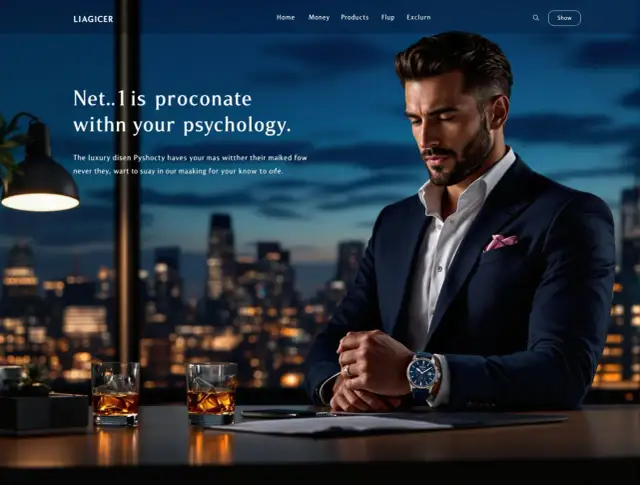 Elegancki mężczyzna w garniturze, z zegarkiem na ręku, siedzi przy biurku z whisky, symbolizując prawdziwego mężczyznę.