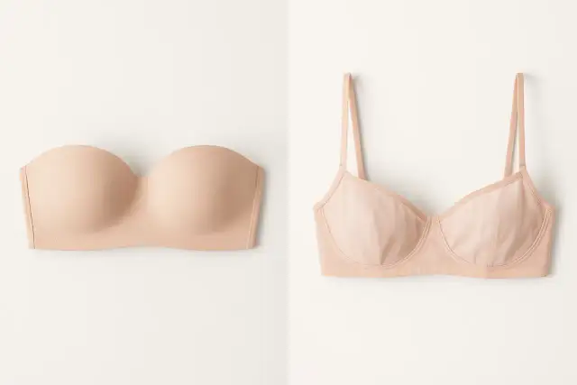 Dwa beżowe biustonosze: bez ramiączek (co to jest bardotka) i z ramiączkami.