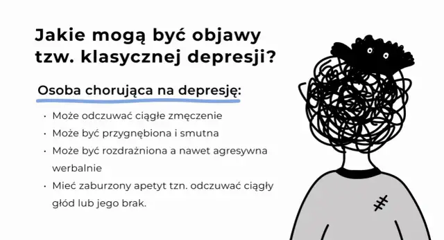 Ilustracja przedstawia postać z chaotyczną czarną głową i smutnymi oczami, symbolizującą depresję.