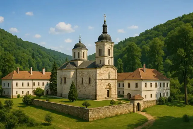 Kamienny klasztor na zboczu Fruskiej Góry, otoczony zielenią, z dwiema kopułami i wieżą.