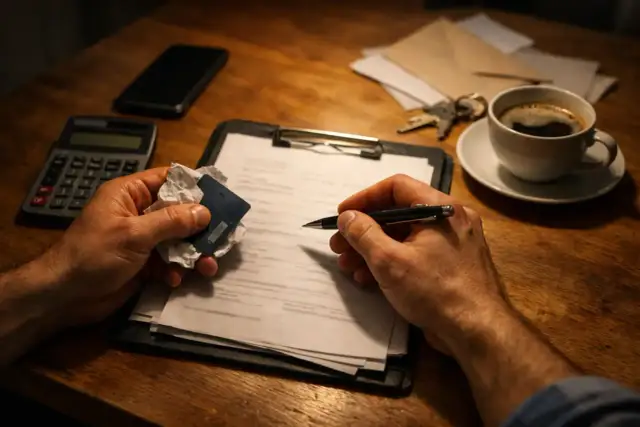 Dłonie piszą na dokumentach, obok kalkulator, telefon, klucze i kawa.