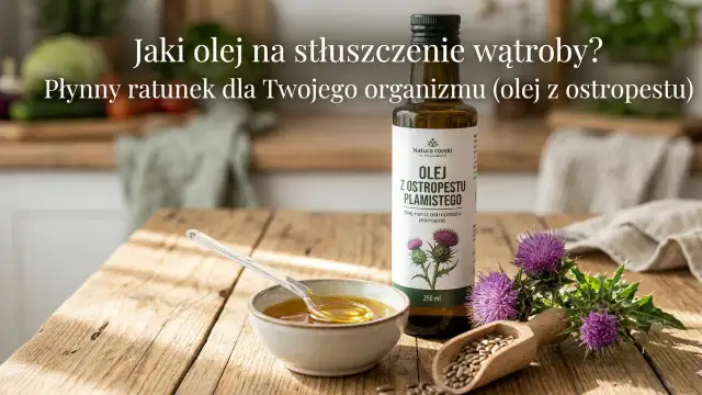 Płynny ratunek dla wątroby? Olej z ostropestu plamistego w butelce i miseczce, obok kwiatów ostropestu i nasion.