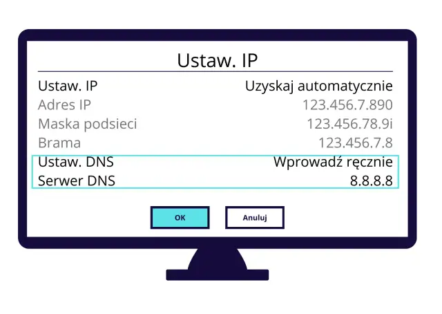 Okno ustawień sieciowych z polami IP, maski, bramy i DNS.