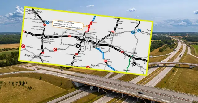 Mapa drogowa z zaznaczonym Poznaniem i trasą S11. Szukając odpowiedzi na pytanie, ile kilometrów jest z Poznania do Kołobrzegu, widzimy drogę S11 wiodącą na północ.