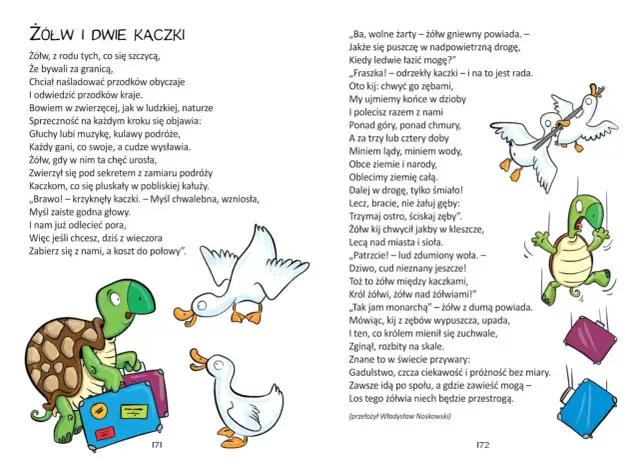 Żółw z walizkami i dwie kaczki, jedna z kijem, ilustrują wiersze z humorem o podróżach i pomysłach.