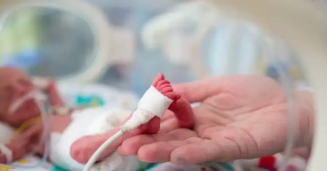 Mała stópka wcześniaka w dłoni rodzica. Dziecko urodzone w 28. tygodniu ciąży walczy o życie w inkubatorze.