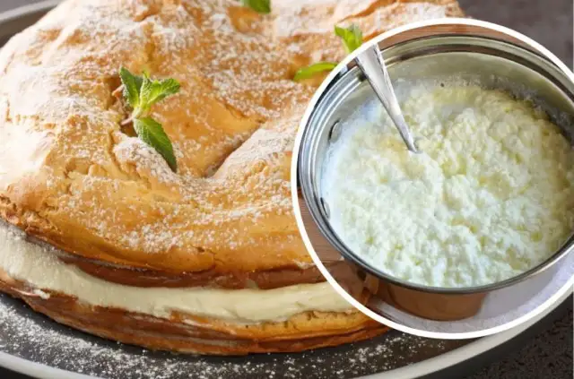 Jak uratować zwarzony krem z mascarpone? Na zdjęciu tort z kremem i garnek z masą, która może być uratowana.