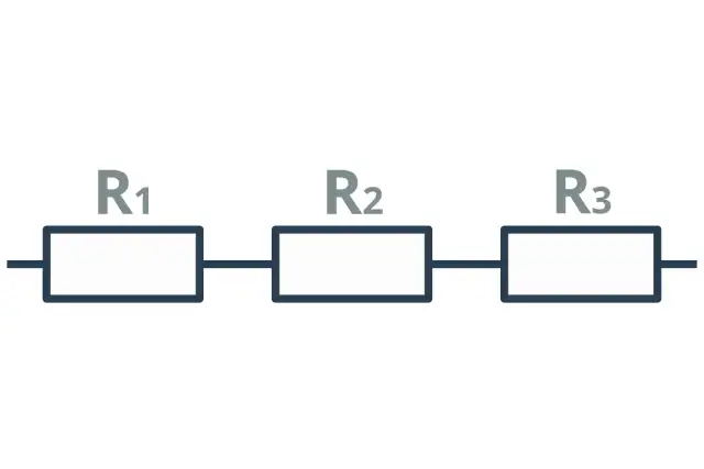 Schemat obwodu elektrycznego z trzema rezystorami R1, R2, R3 połączonymi szeregowo.