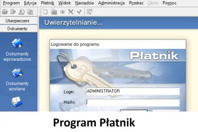 Ekran logowania do programu Płatnik. Klucz symbolizuje bezpieczeństwo, a okno logowania sugeruje, jak zaktualizować certyfikat kwalifikowany w płatniku.