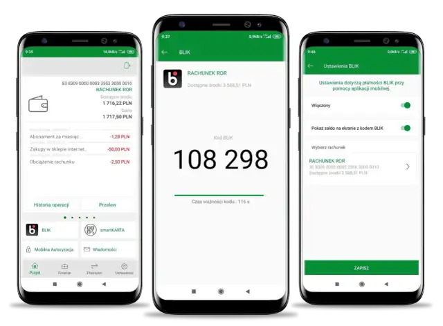 Trzy ekrany smartfonów pokazujące aplikację bankową z kodem BLIK i ustawieniami.