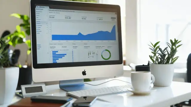 Na ekranie komputera wykresy i dane analizujące rentowność kapitału własnego. Obok rośliny i filiżanka kawy.