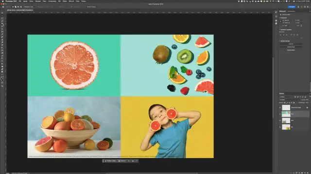 Cztery kwadratowe obrazy: połówka grejpfruta, owoce na niebieskim tle, miska owoców i chłopiec z połówkami grejpfruta.