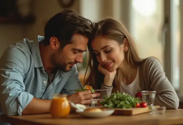 Para wzbudzić w nim tęsknotę, patrzy na niego z czułością podczas wspólnego posiłku.