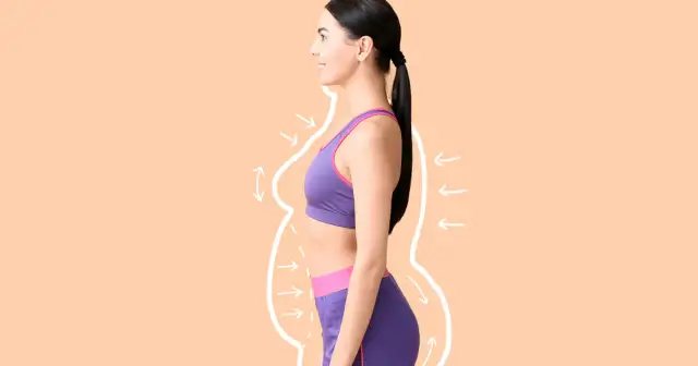 Kobieta w stroju sportowym, z obrysem sylwetki i strzałkami wskazującymi na odchudzanie.