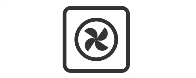 Symbol termoobiegu w piekarniku. Cztery łopatki wentylatora w okręgu, otoczone ramką.
