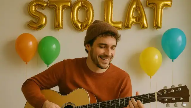 Uśmiechnięty mężczyzna w czapce gra na gitarze na tle złotych balonów z napisem "STO LAT" i kolorowych balonów.