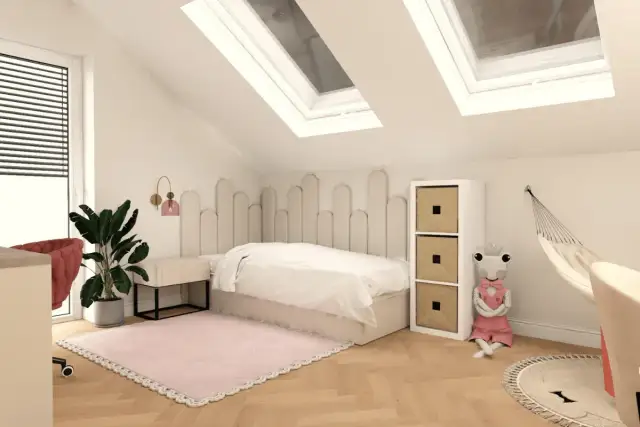 Przytulne pokoje na poddaszu dla nastolatków. Jasne wnętrze z łóżkiem, hamakiem i pluszową zabawką.