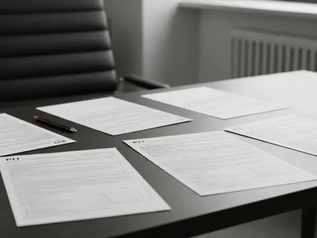 Czarno-białe zdjęcie dokumentów PIT i długopisu na biurku.