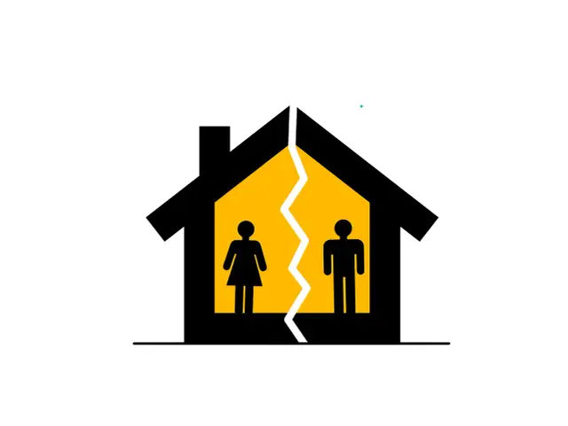 Symboliczny dom podzielony na pół, z sylwetkami kobiety i mężczyzny po przeciwnych stronach. Wskazuje na wzór pozwu rozwodowego bez orzekania o winie bez dzieci.