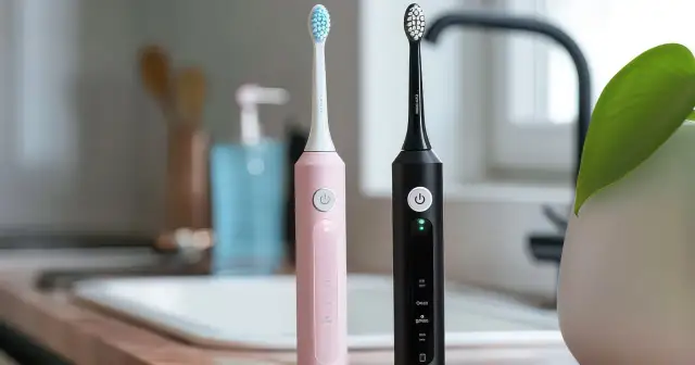 Różowa i czarna szczoteczka soniczna stoją obok siebie na blacie łazienkowym.