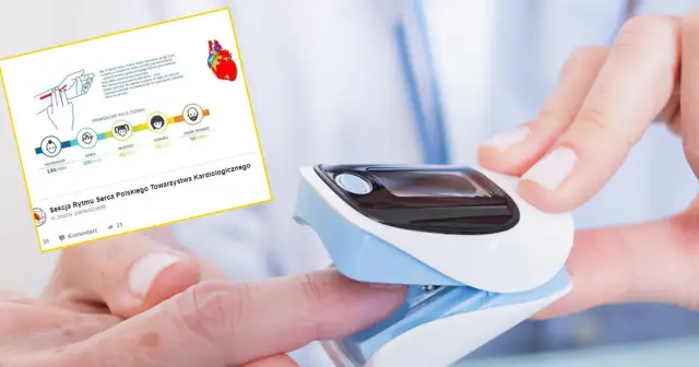 Pulsoksymetr na palcu obok grafiki z normami tętna dla różnych grup wiekowych.