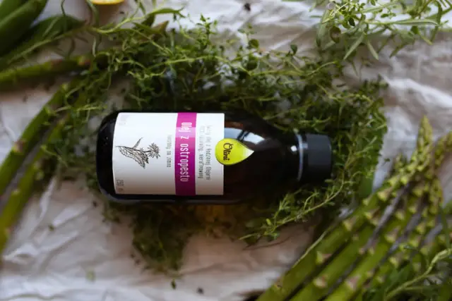 Olej z ostropestu na twarz efekty? Butelka oleju z ostropestu wśród ziół i szparagów. Naturalna pielęgnacja dla Twojej skóry.