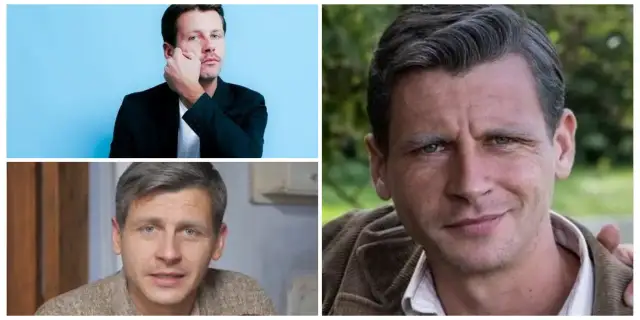 Trzy ujęcia Patryka Szwichtenberga: w garniturze na niebieskim tle, w swetrze i w brązowej kurtce na tle natury.